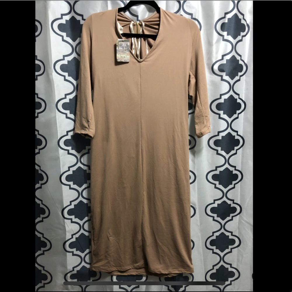 Love J V Neck 3/4 Sleeve Tan Below Knee Bodycon